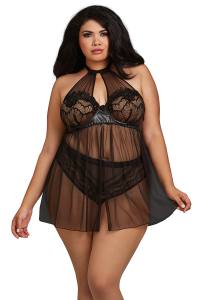 Schwarzes Babydoll mit Kunstleder